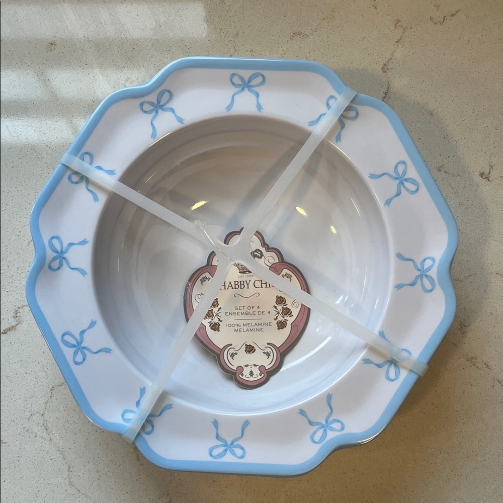 Shabby Chic Melamine Bowls with Blue Ribbon Design